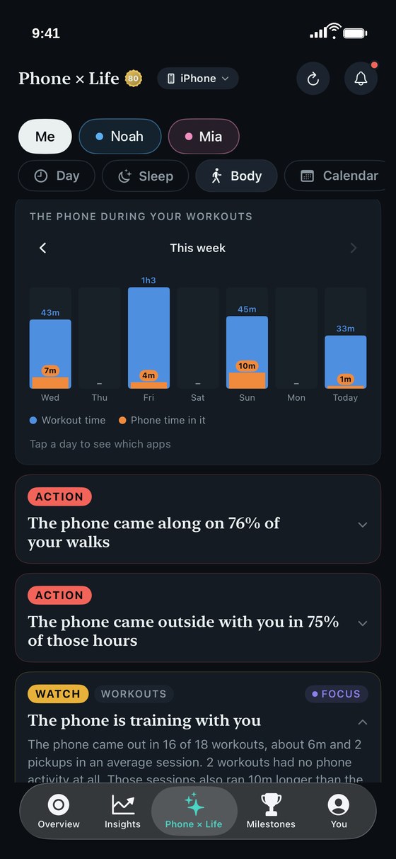 ThirdLife Phone x Life Body view, workout time each day this week with the phone time inside it in orange, and findings on walks, time outside and workouts