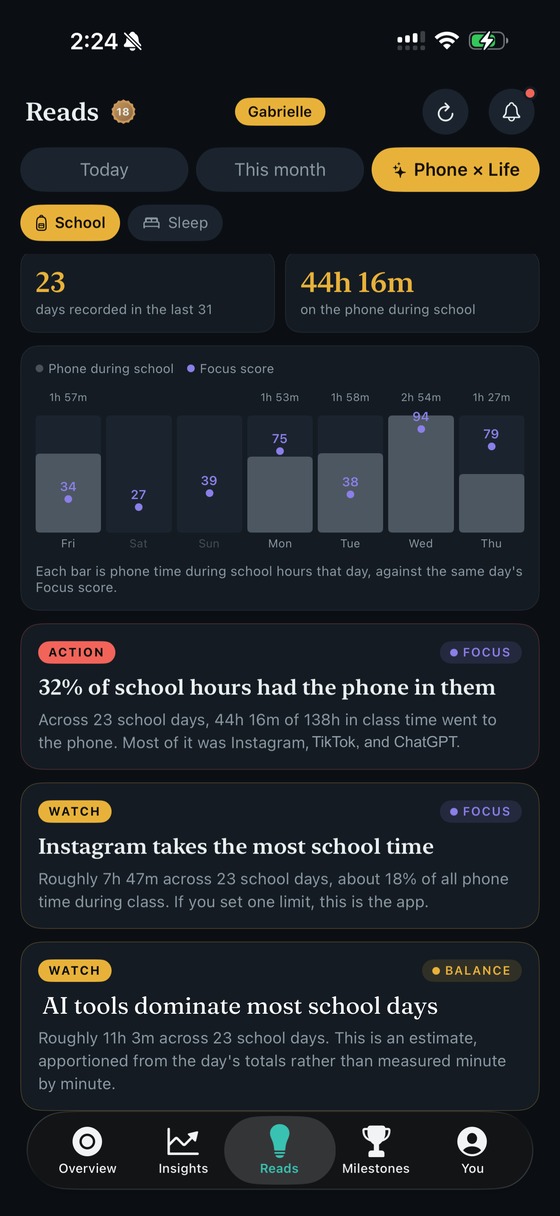ThirdLife on a child's phone showing Phone x Life school-hours findings