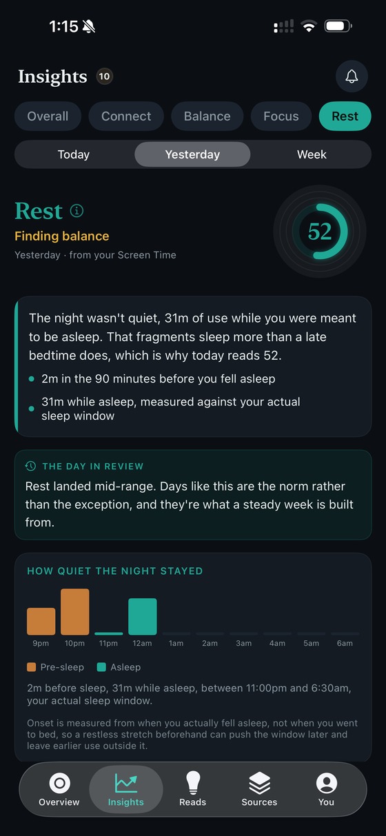 ThirdLife Insights screen drilling into the Rest ring, showing the score, a plain-language read and a night-time chart